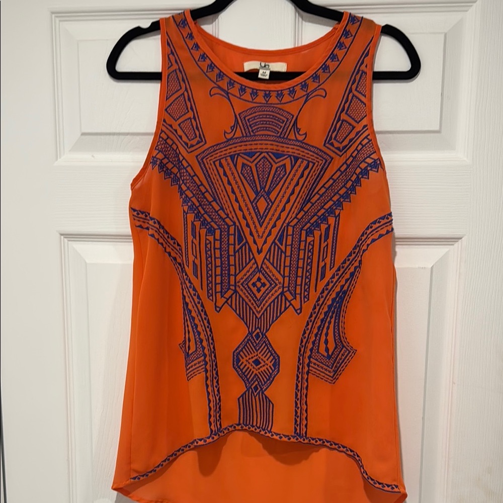 Orange Sleeveless Top with Blue Pattern